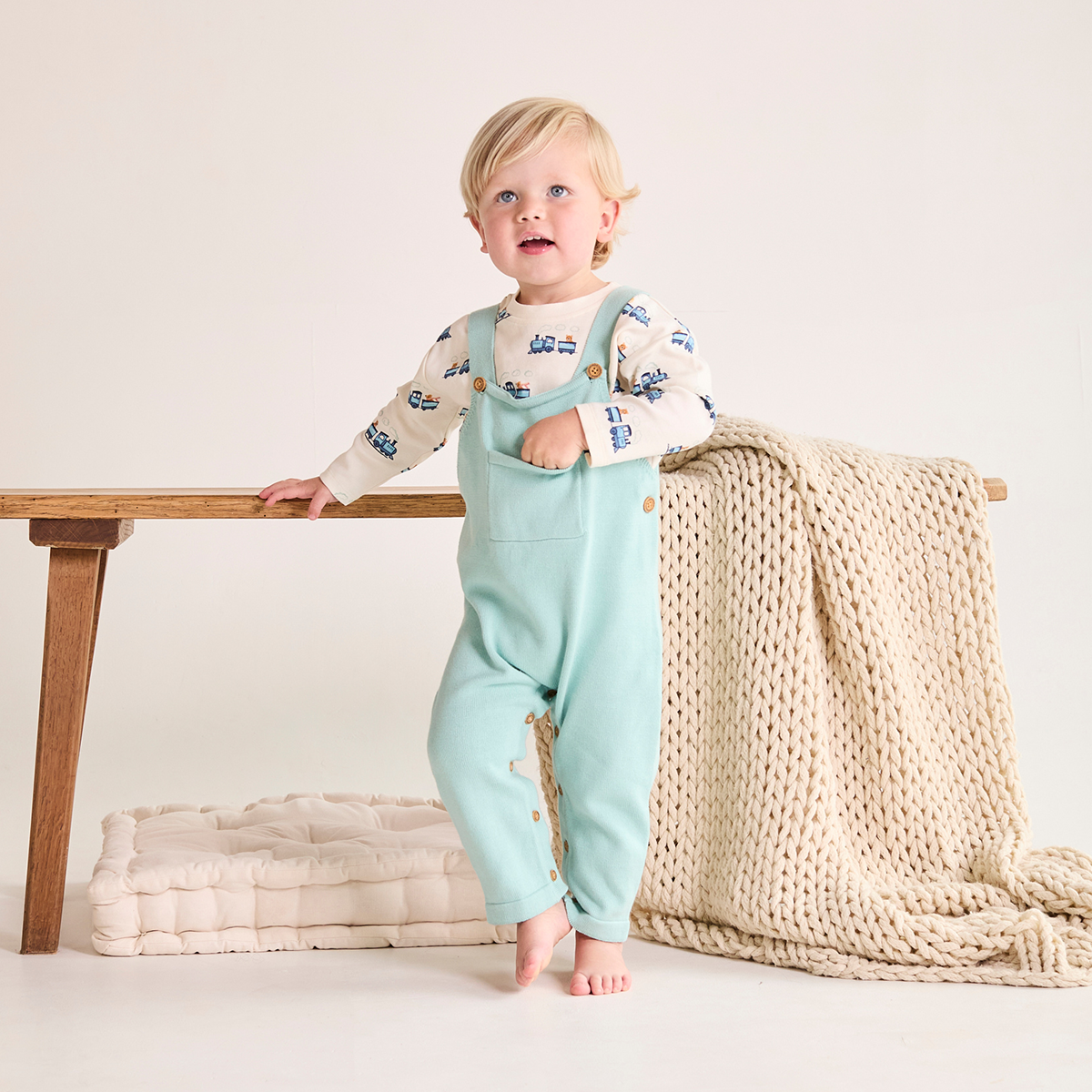 Baby Boys Knitted Dungaree 2 piece Set, Turquoise Blue