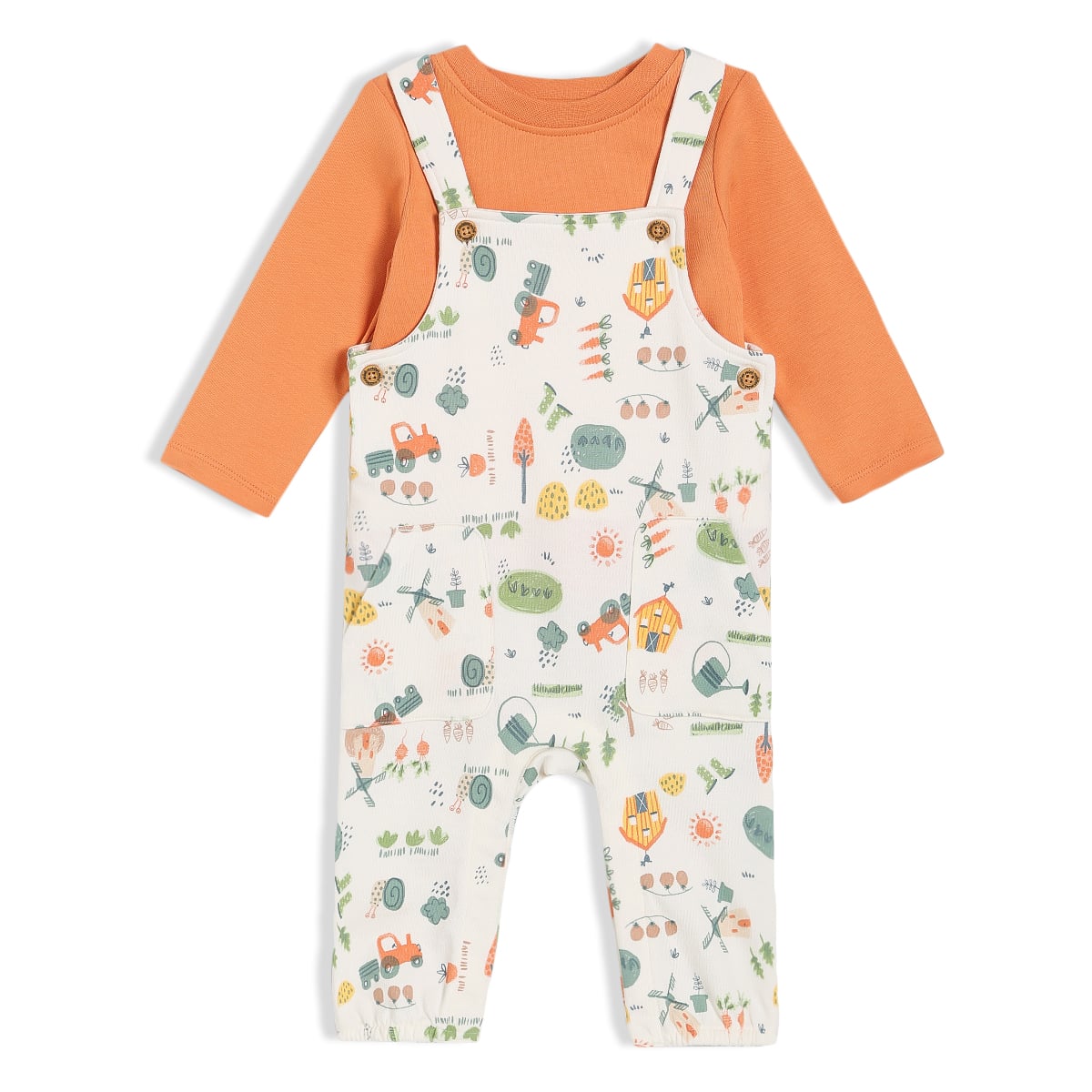 Baby Boys Dungaree Set, T-Shirt & Denim Pant Everyday Outfit Bundle - Orange, Green & Blue