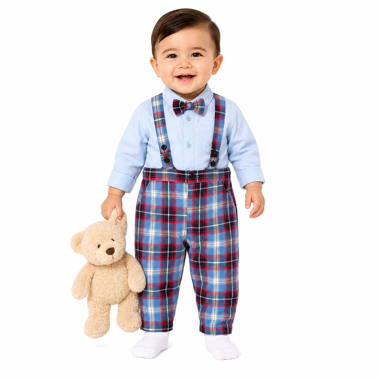 Boys Cotton Full Sleeves Checked Dungaree Set - Blue