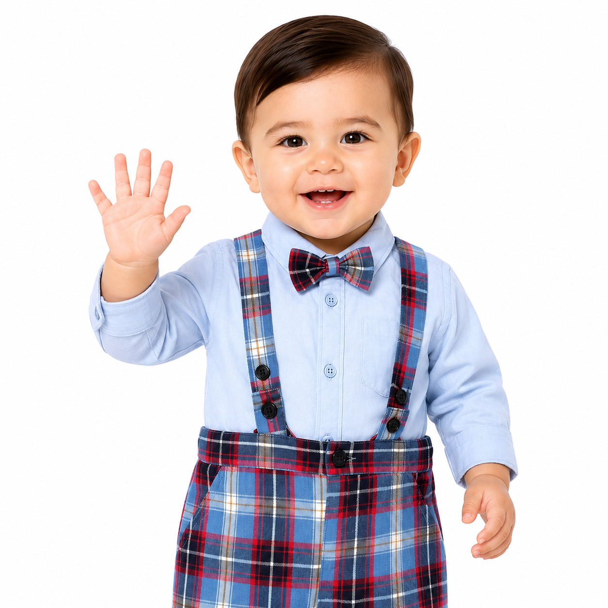 Boys Cotton Full Sleeves Checked Dungaree Set - Blue