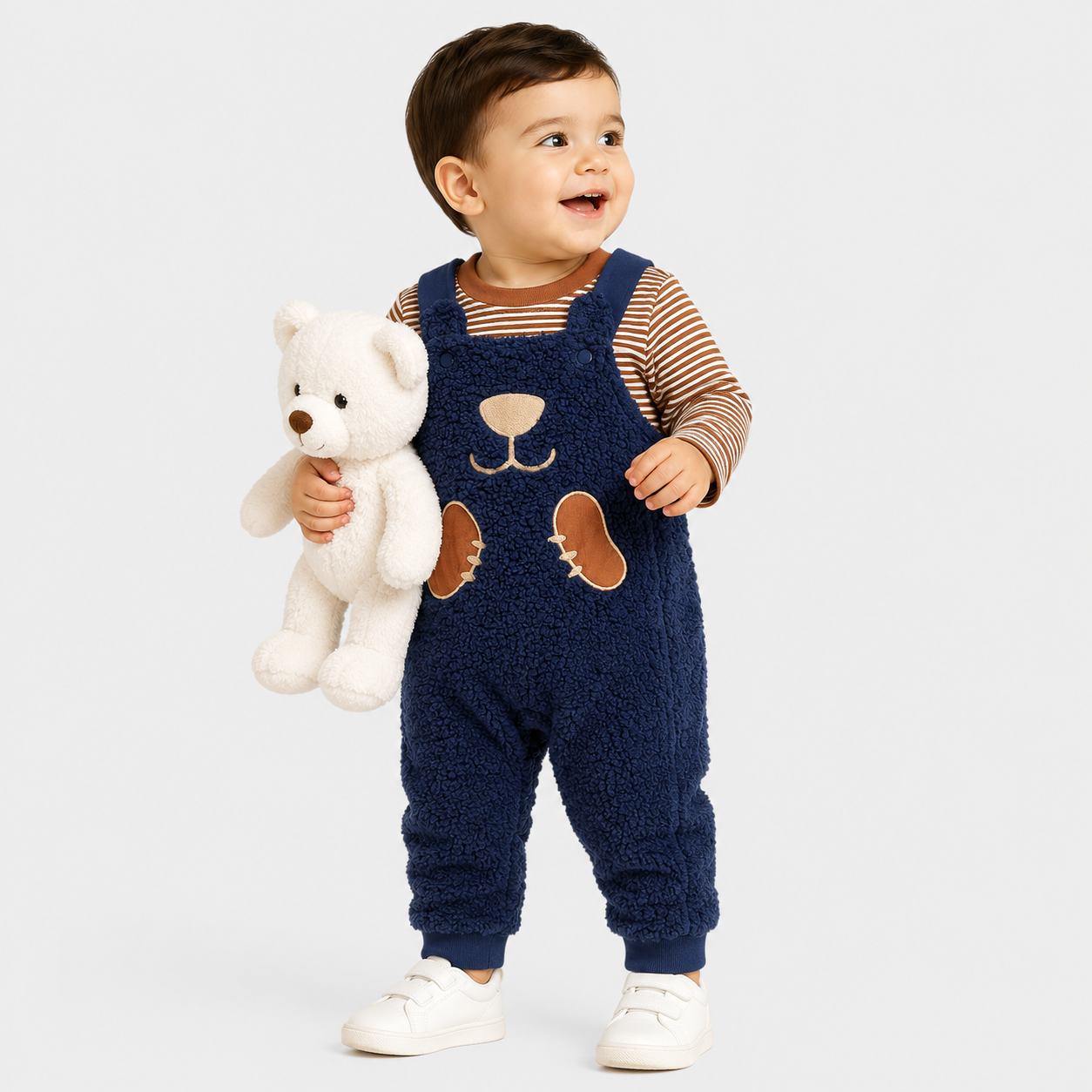 Boys Cotton Full Sleeves Teddy Embroidery Dungaree Set - Navy Blue