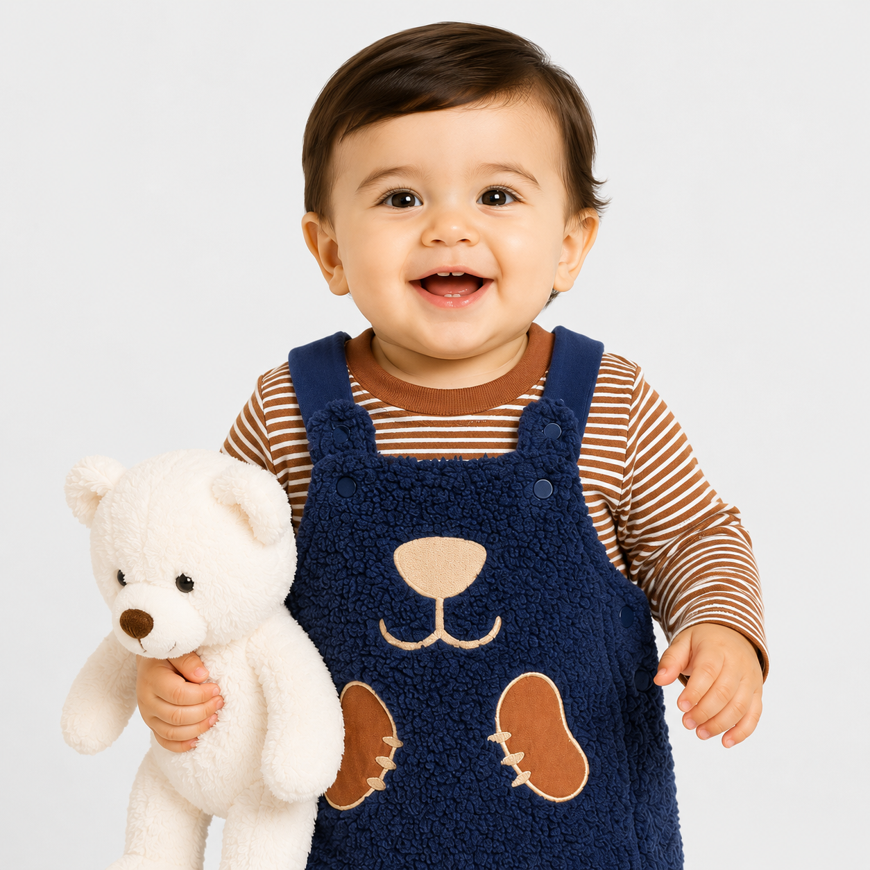 Boys Cotton Full Sleeves Teddy Embroidery Dungaree Set - Navy Blue