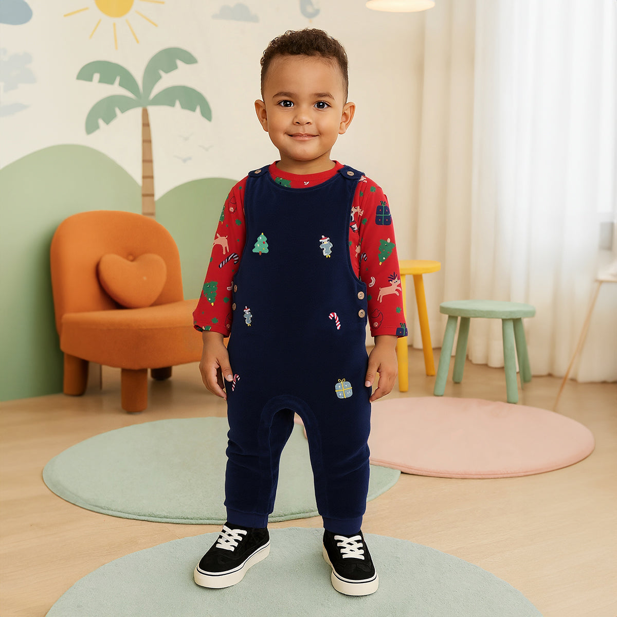 Boys Cotton Full Sleeves Novelty Printed Dungaree With Tee - Red & Blue