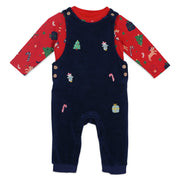 Boys Cotton Full Sleeves Novelty Printed Dungaree With Tee - Red & Blue