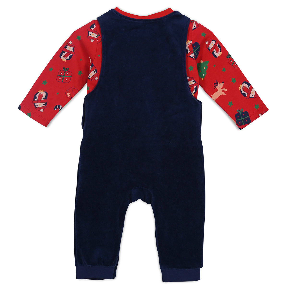 Boys Cotton Full Sleeves Novelty Printed Dungaree With Tee - Red & Blue