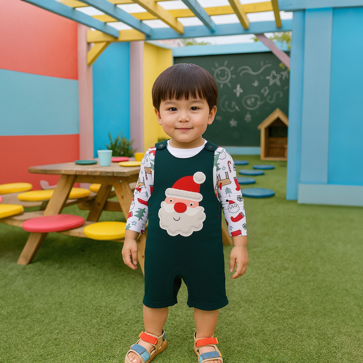 Boys Cotton Full Sleeves Santa Claus Embroidered Dungaree With Tee - White & Green