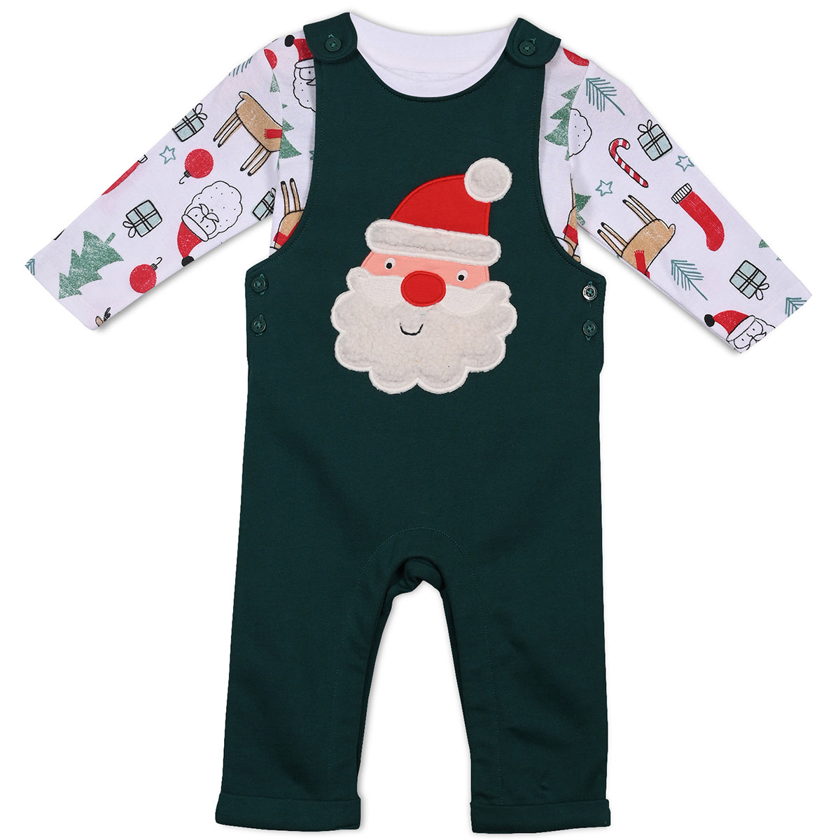 Boys Cotton Full Sleeves Santa Claus Embroidered Dungaree With Tee - White & Green