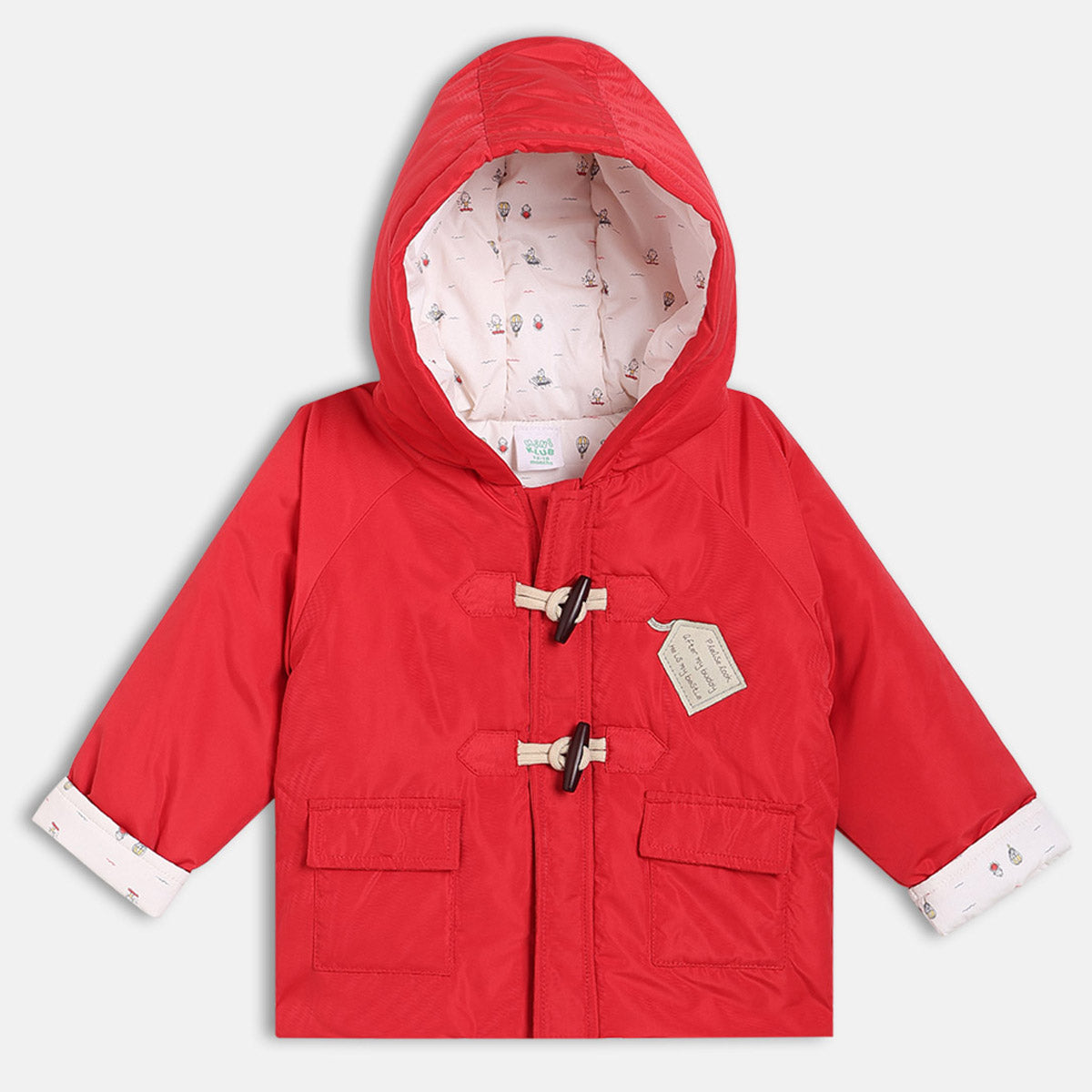 Boys Red Hooded Solid Jacket