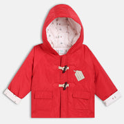 Boys Red Hooded Solid Jacket