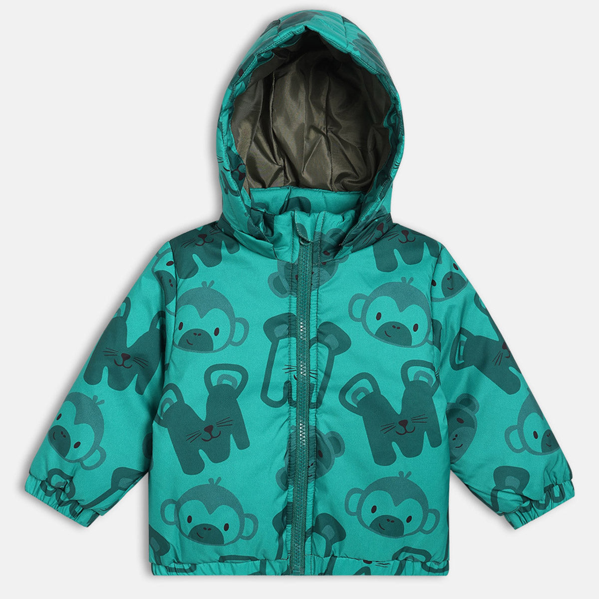 Boys Green Hooded Animal Printed Jacket