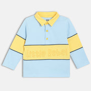 Boys Blue Half Open Text Printed Polo