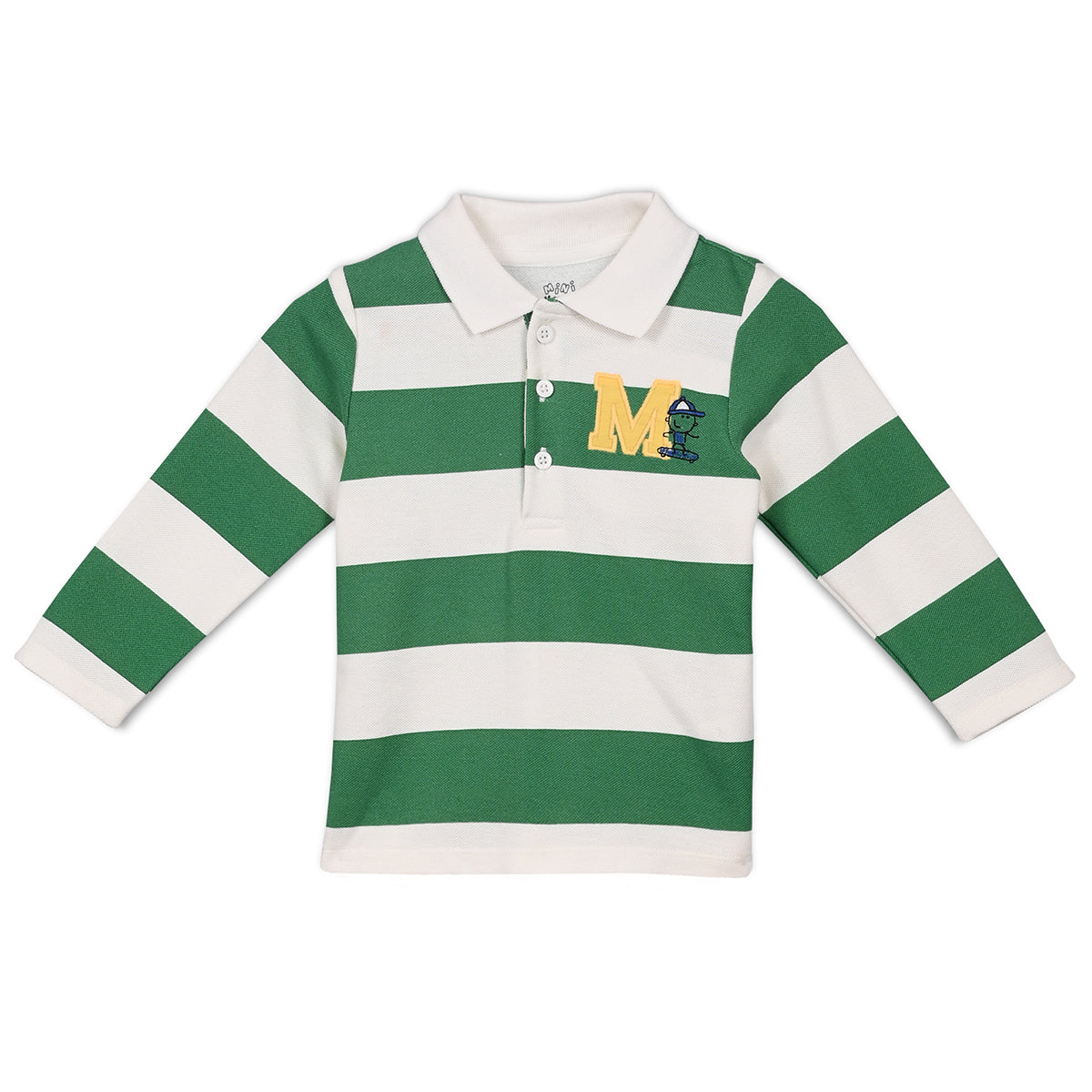 Boys Cotton Full Sleeves Striped Polo - White & Green