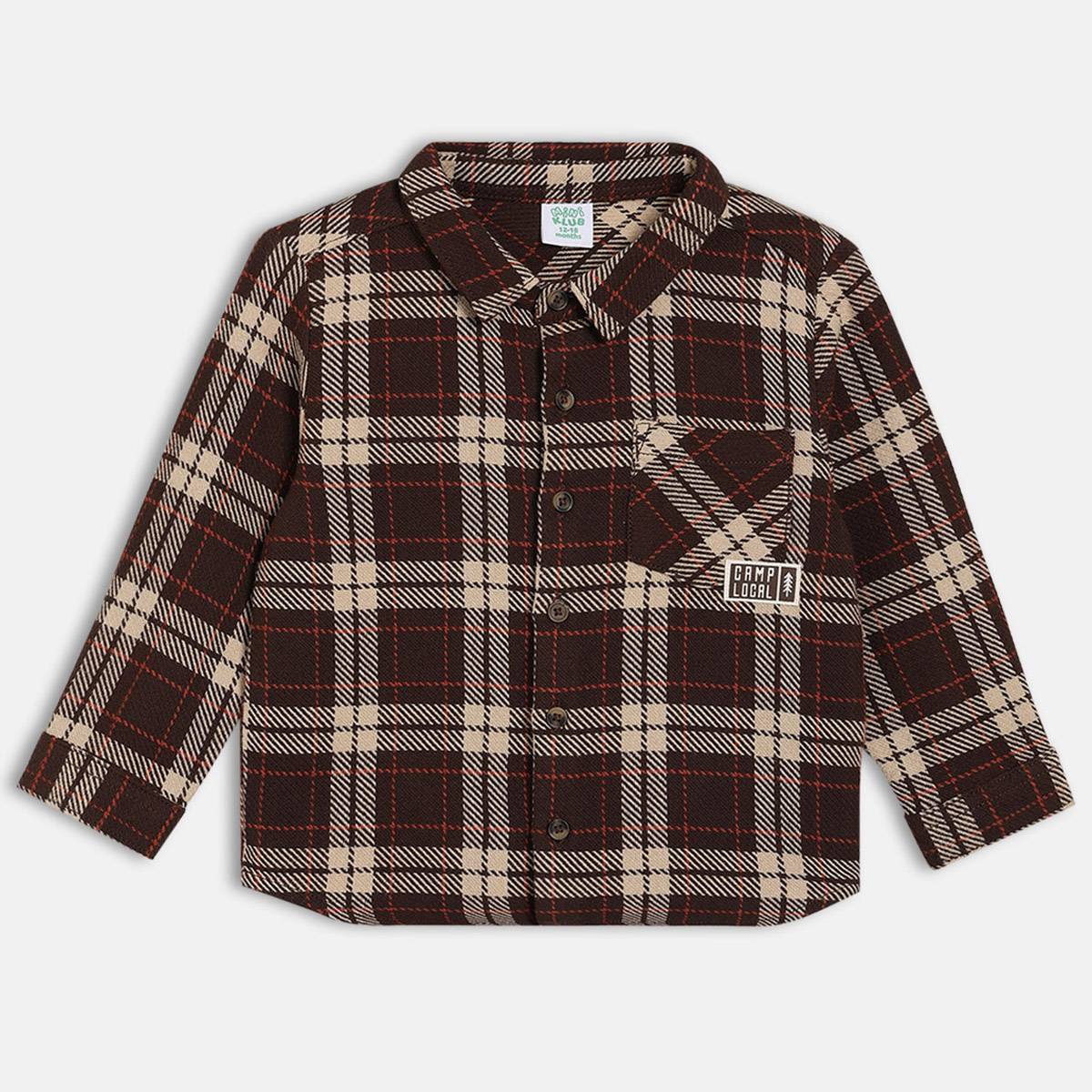 Boys Cotton Full Sleeves Checked Shirt - Brown