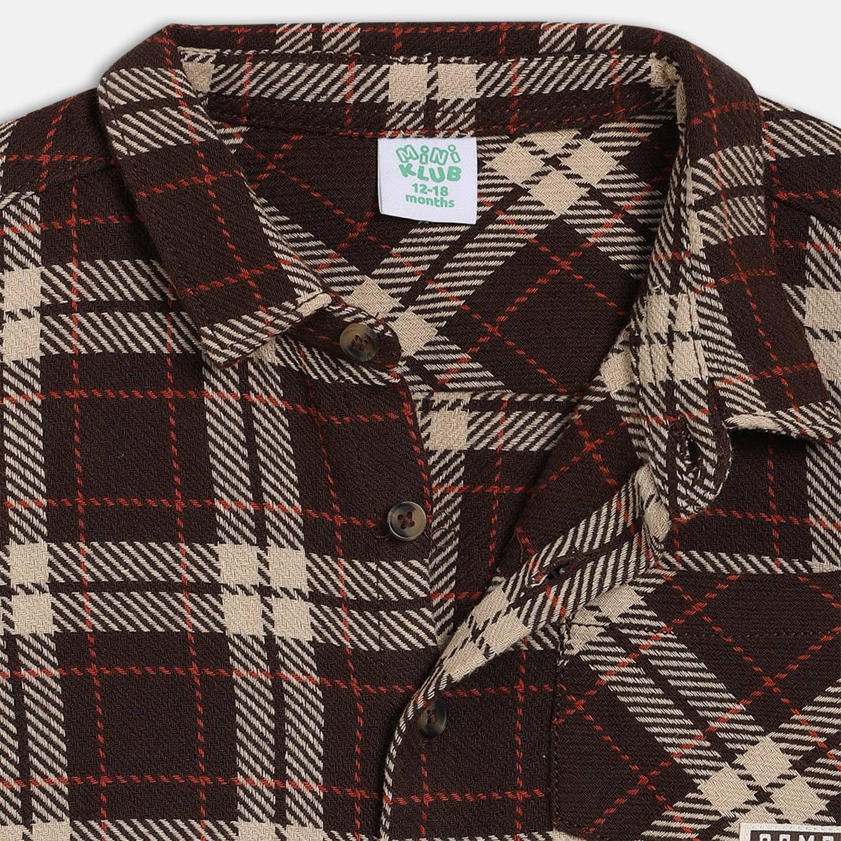 Boys Cotton Full Sleeves Checked Shirt - Brown
