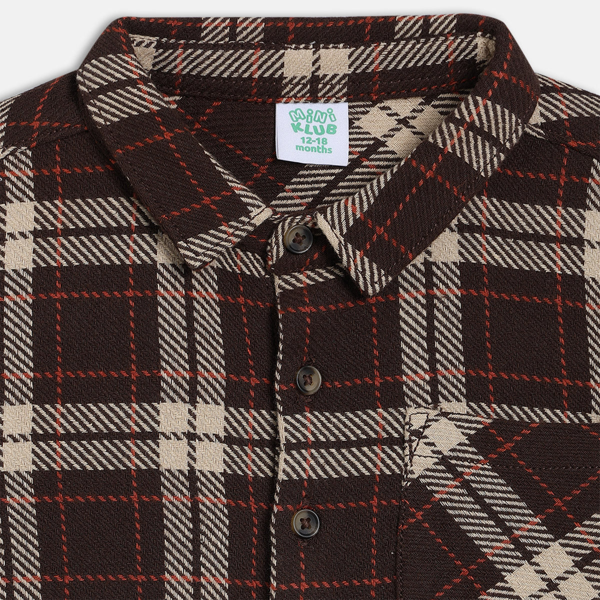 Boys Cotton Full Sleeves Checked Shirt - Brown