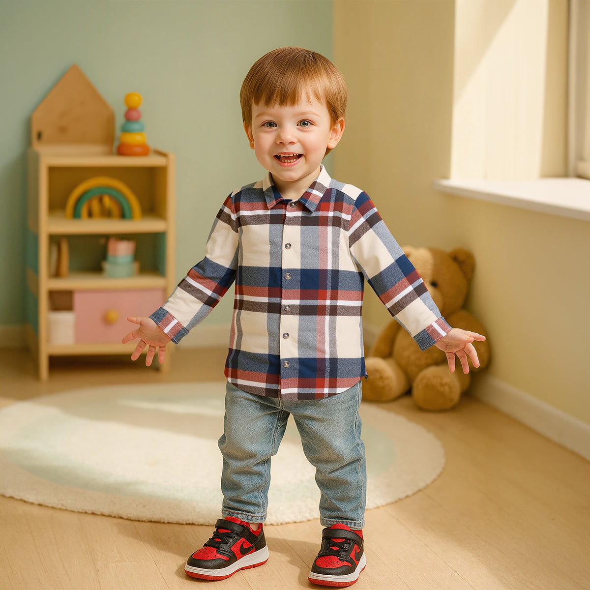 Boys Cotton Full Sleeves Checked Shirt - Beige