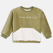 Boys Cotton Full Sleeves Text Embroidered Sweatshirt, Olive