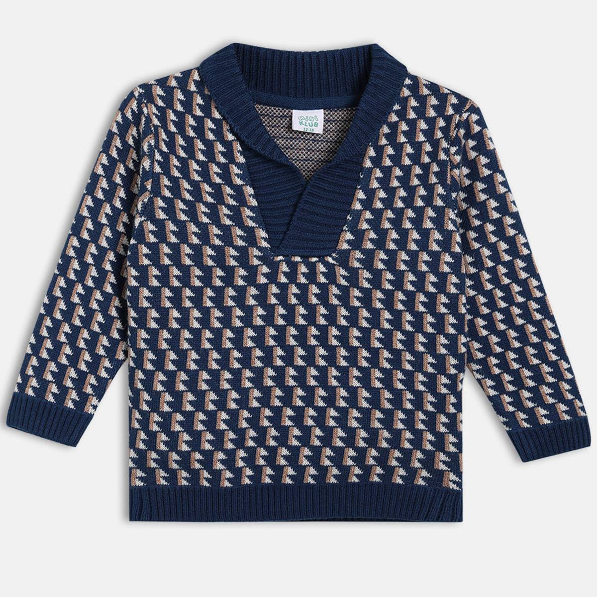 Boys Cotton Full Sleeves Geometric Self Design Sweater - Navy blue