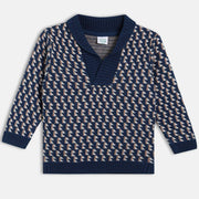 Boys Cotton Full Sleeves Geometric Self Design Sweater - Navy blue
