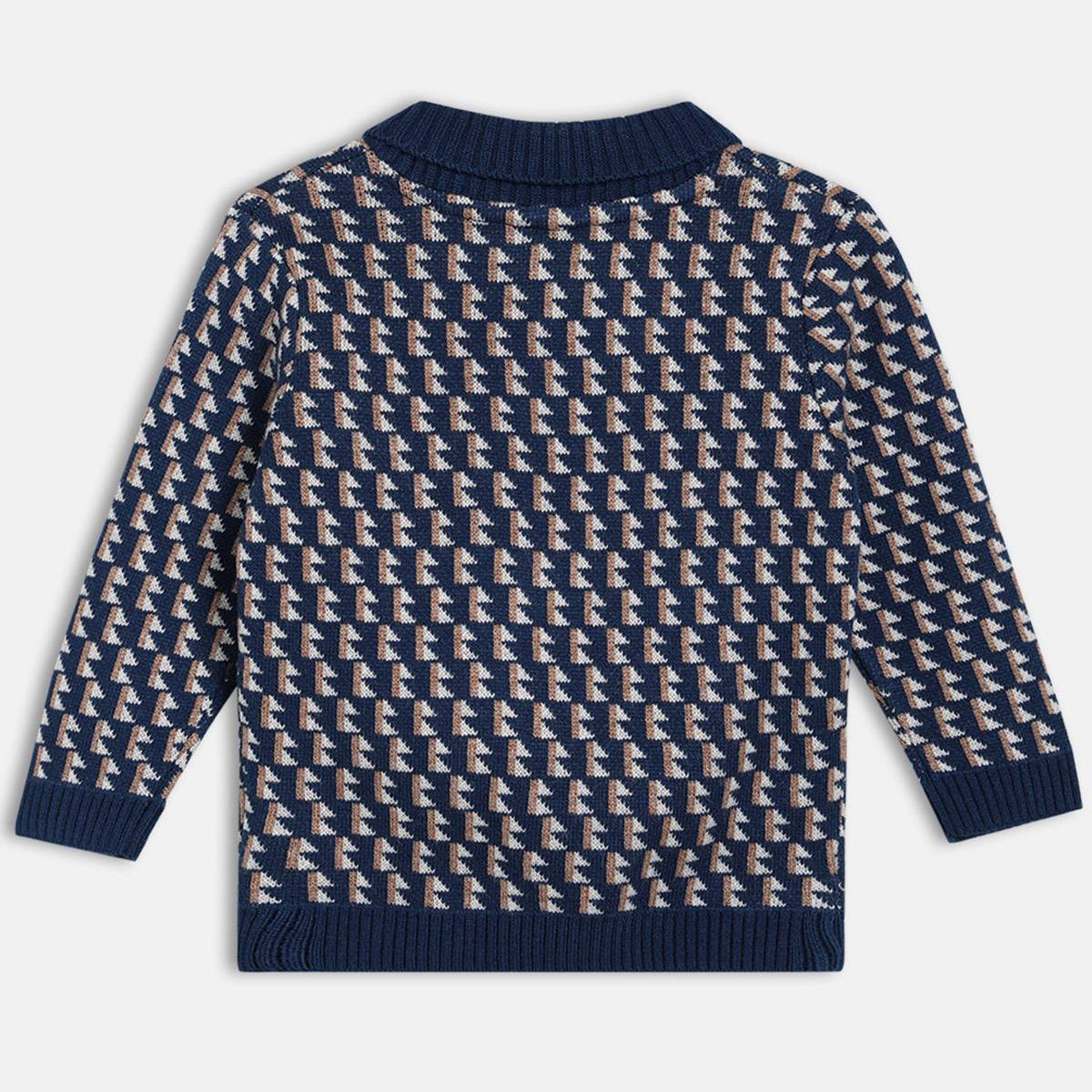 Boys Cotton Full Sleeves Geometric Self Design Sweater - Navy blue