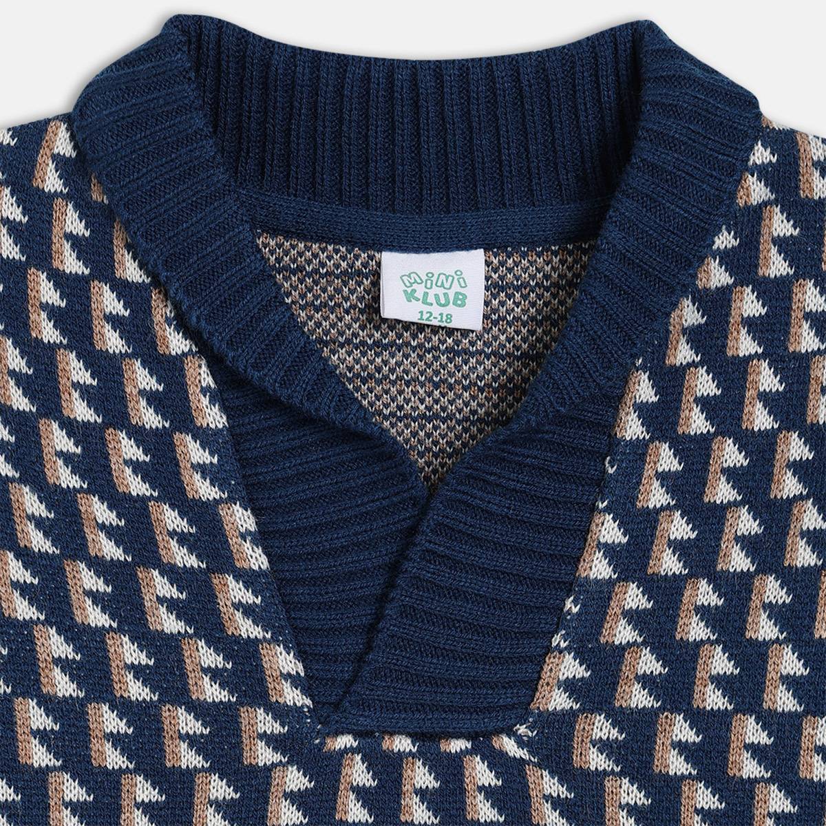 Boys Cotton Full Sleeves Geometric Self Design Sweater - Navy blue