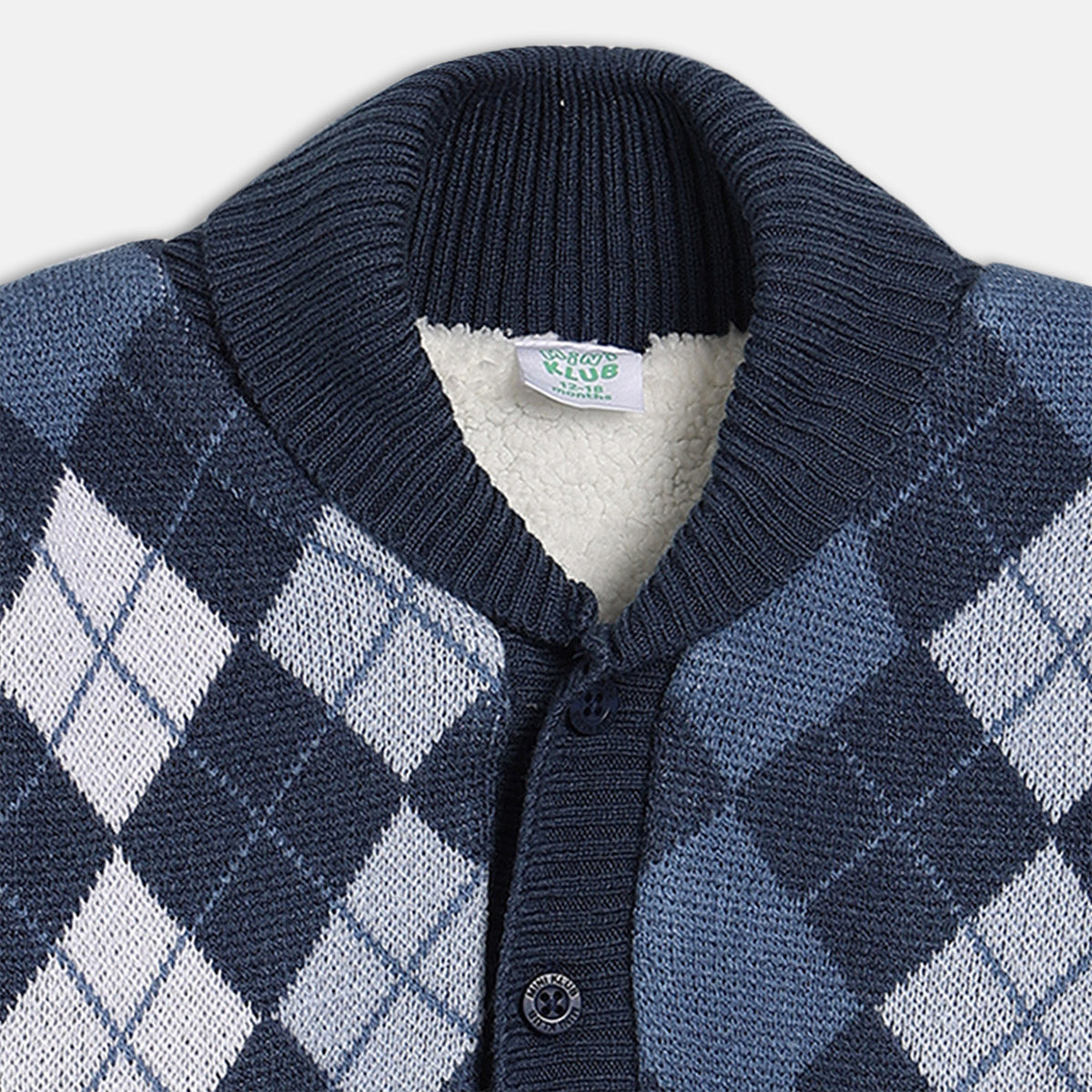 Boys Cotton Full Sleeve Checked Sweater - Blue