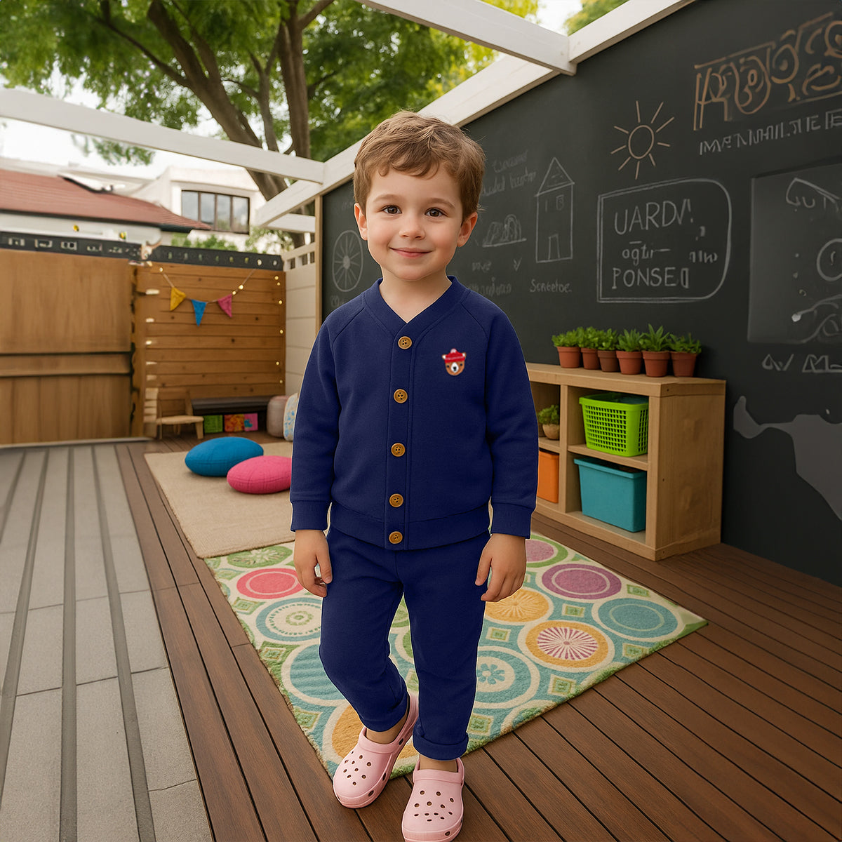 Navy Blue Baby Boys V-Neck Full Sleeve Top And Bottom