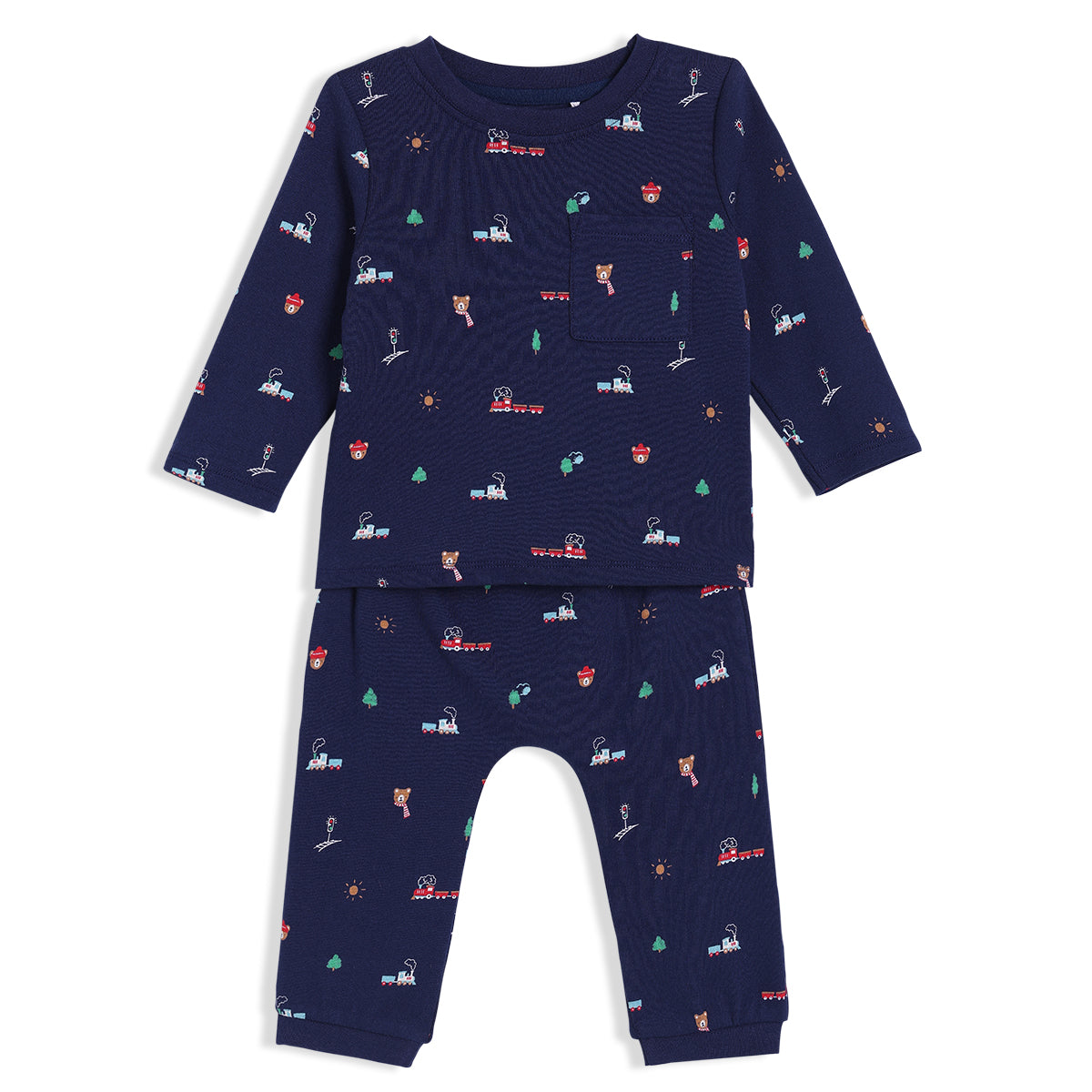 Boys Navy Blue Round Neck Full Sleeve Top And Bottom