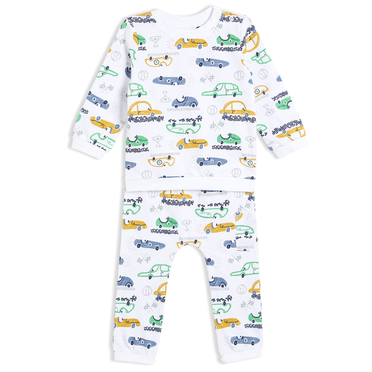 Boys White Round Neck Full Length Top And Bottom