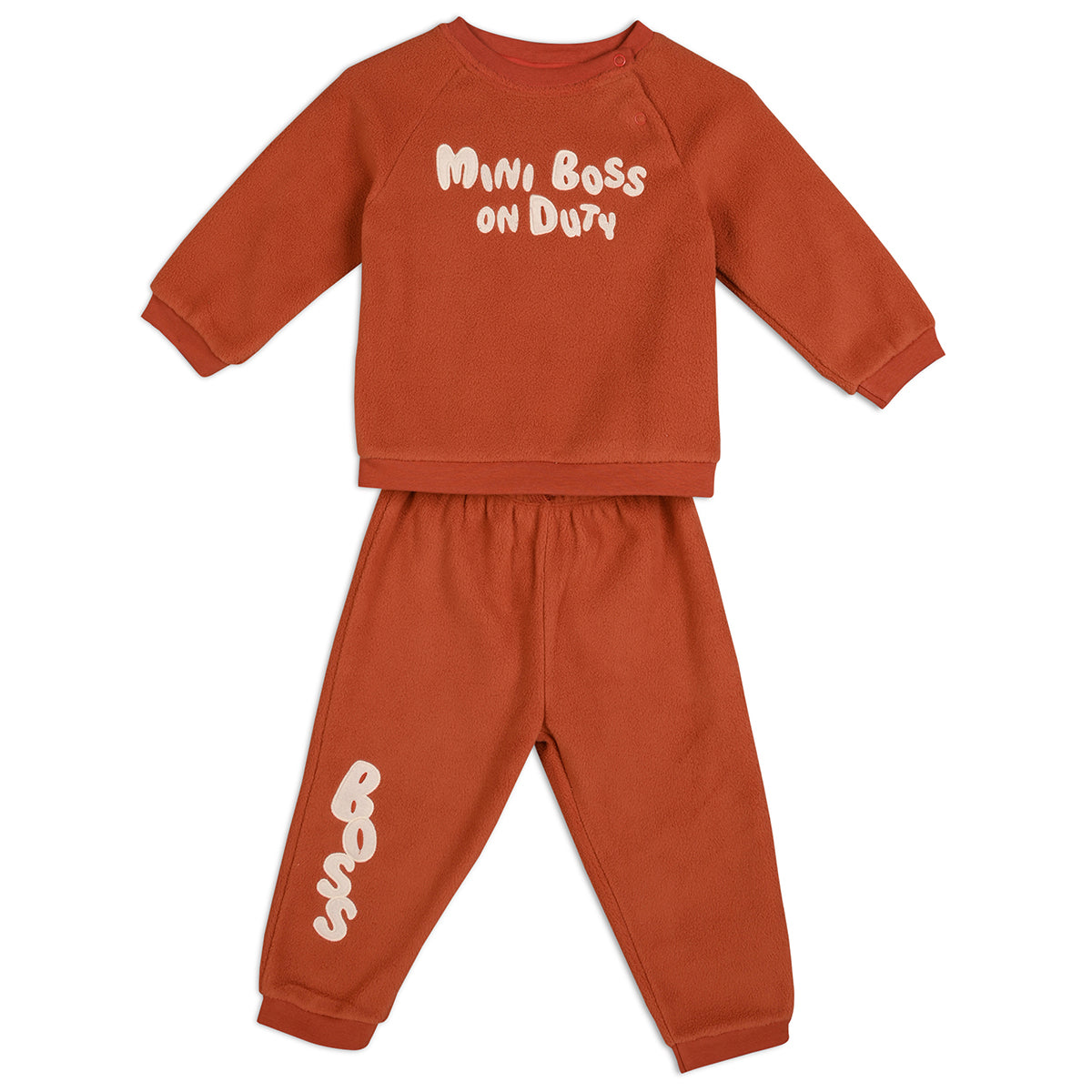 Boys Cotton Full Sleeve Text Embroidered Clothing Set - Rust Orange