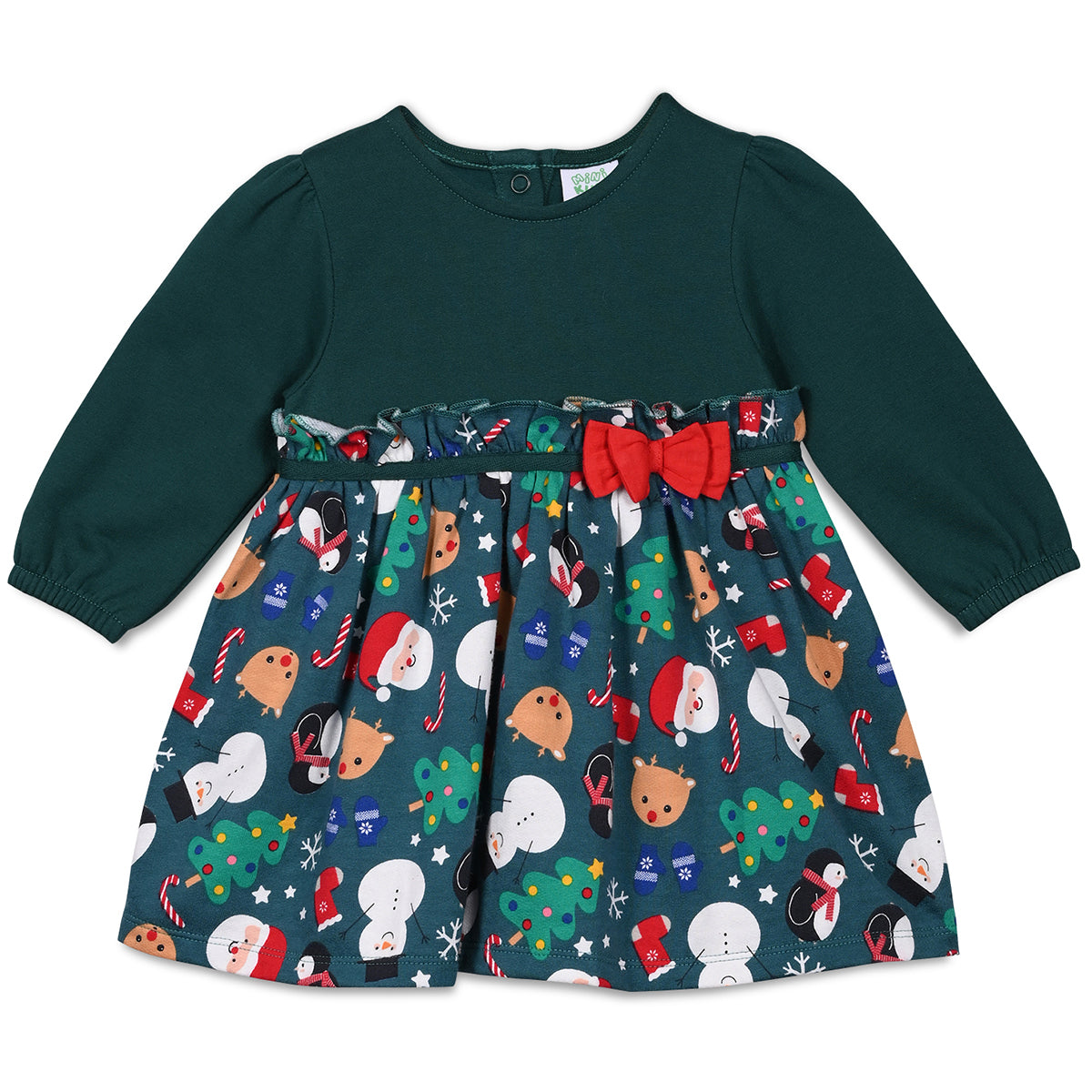 Girls Cotton Full Sleeves Christmas Theme Printed Dress - Green