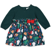 Girls Cotton Full Sleeves Christmas Theme Printed Dress - Green