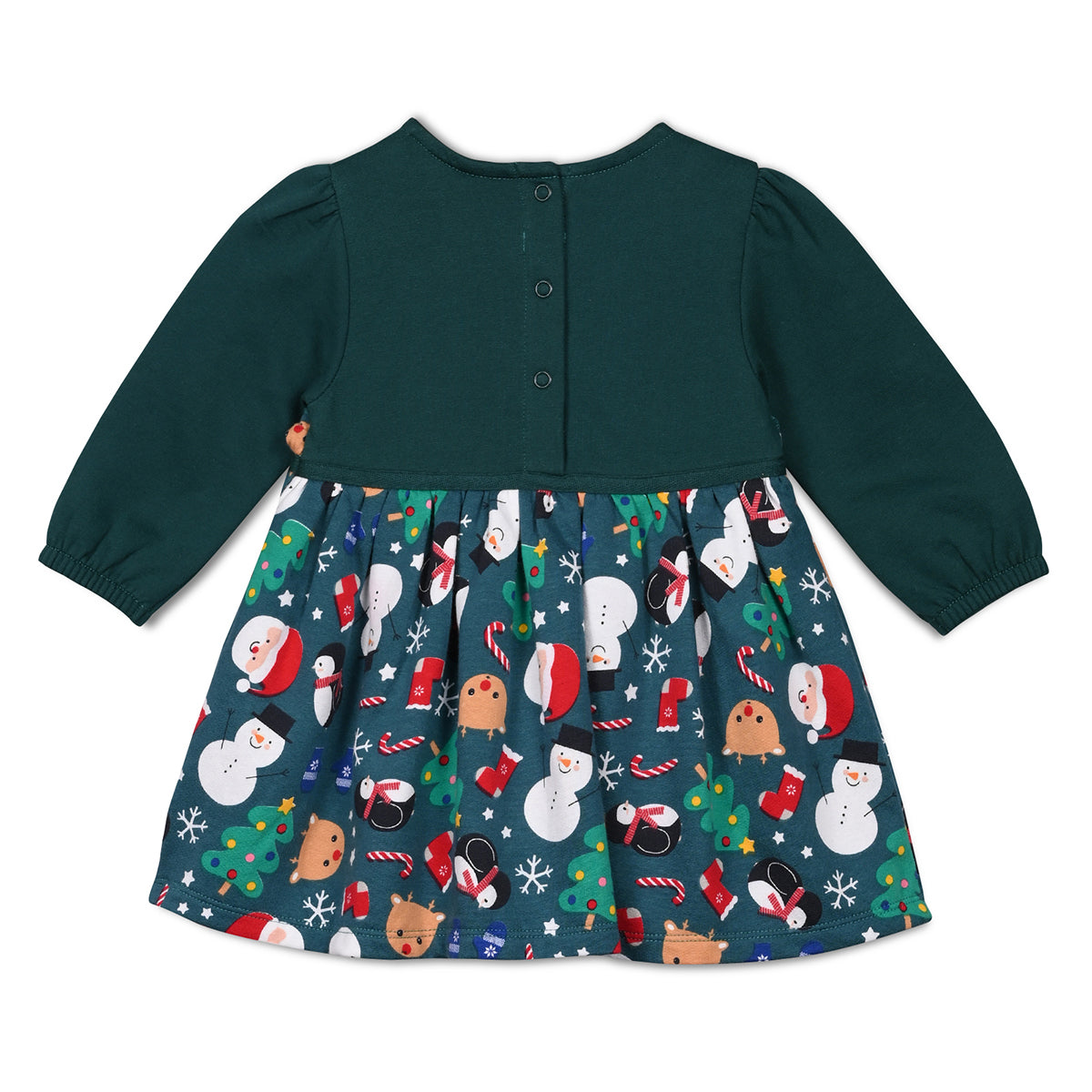 Girls Cotton Full Sleeves Christmas Theme Printed Dress - Green