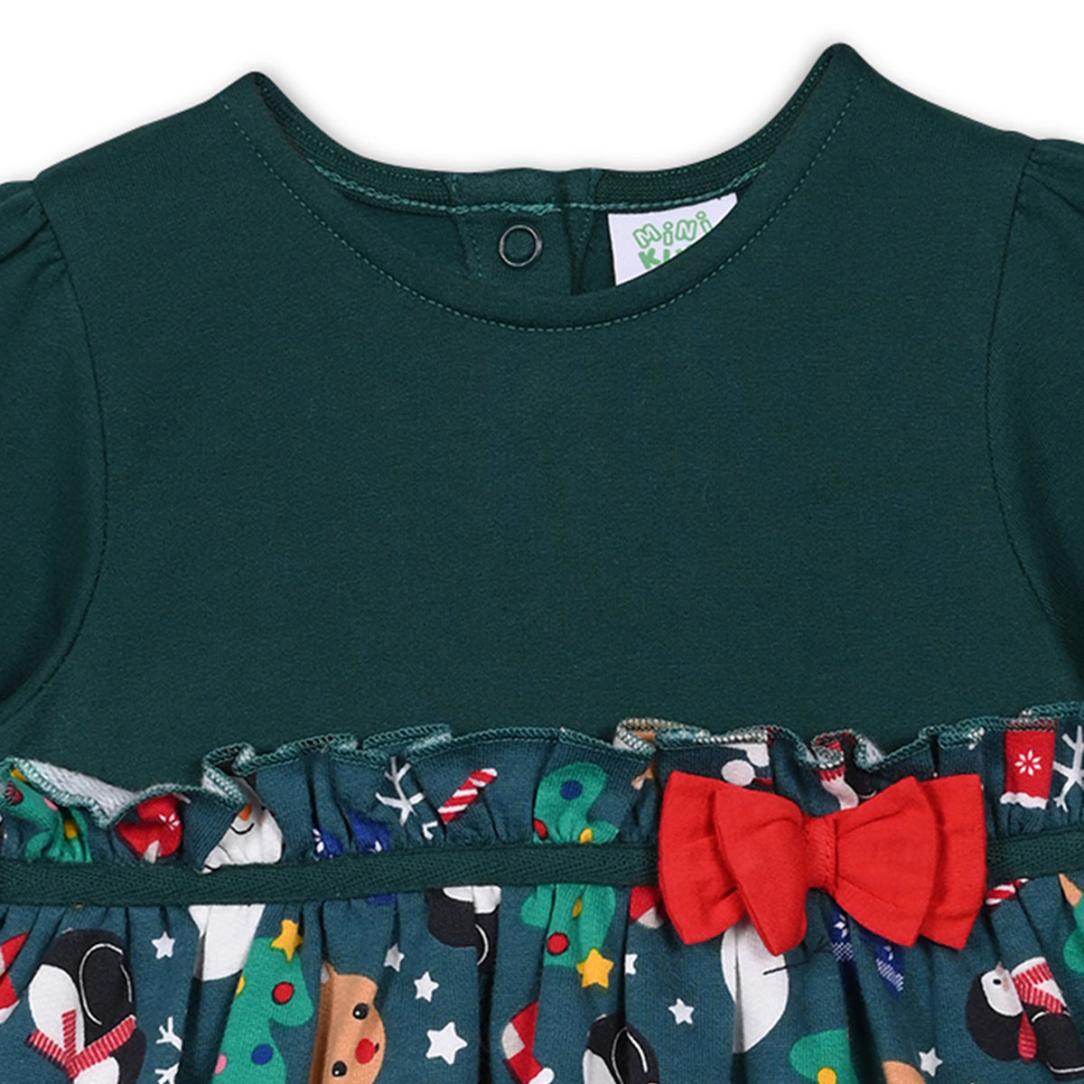 Girls Cotton Full Sleeves Christmas Theme Printed Dress - Green
