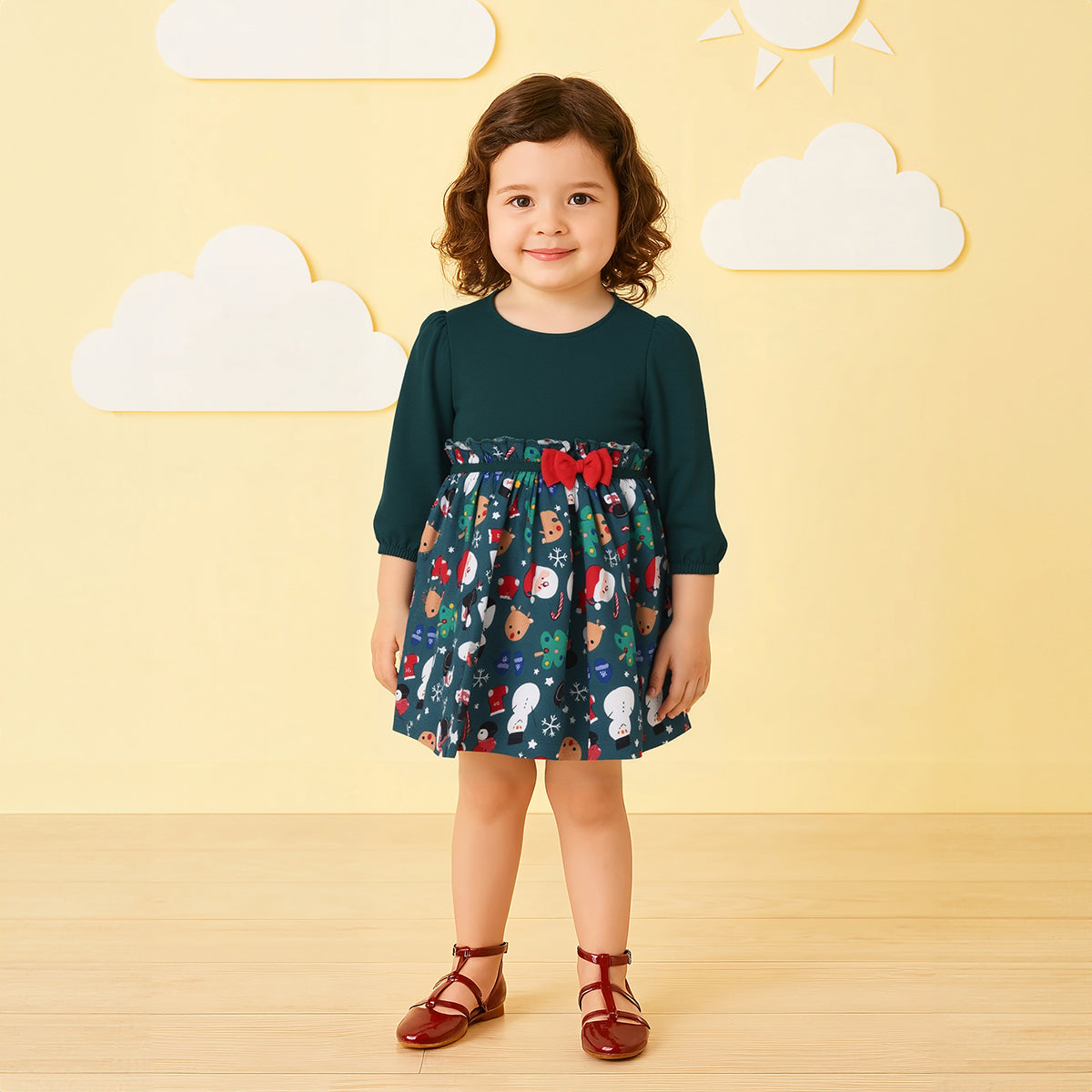 Girls Cotton Full Sleeves Christmas Theme Printed Dress - Green
