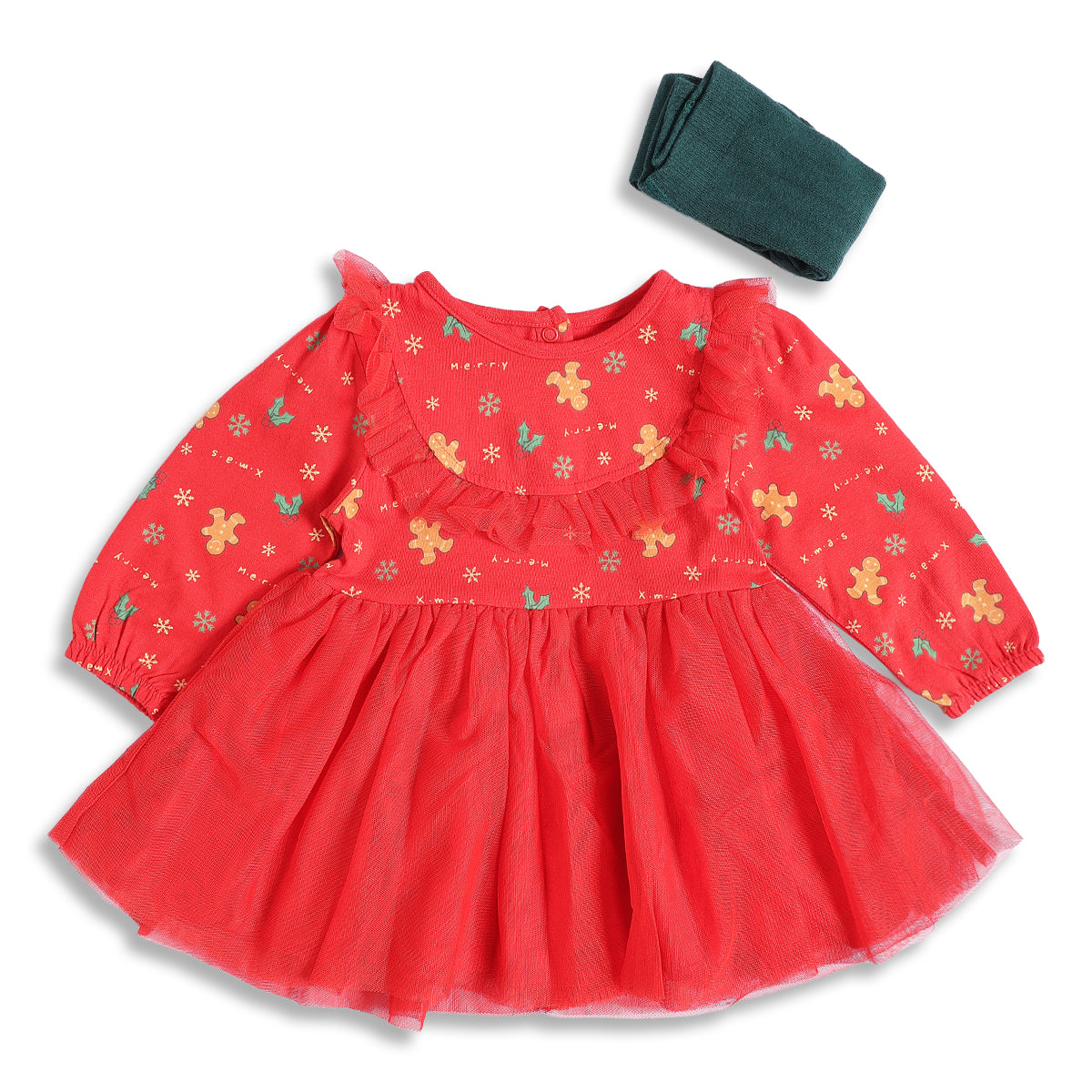 Baby Girls Red and Green Cotton Printed Full Sleeves Party Dress with Tulle Layer and Tights Set Regular Fit Winter Wear