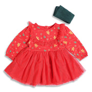 Baby Girls Red and Green Cotton Printed Full Sleeves Party Dress with Tulle Layer and Tights Set Regular Fit Winter Wear