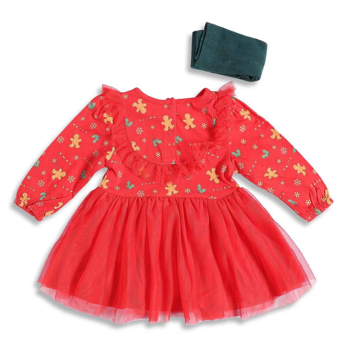 Baby Girls Red and Green Cotton Printed Full Sleeves Party Dress with Tulle Layer and Tights Set Regular Fit Winter Wear