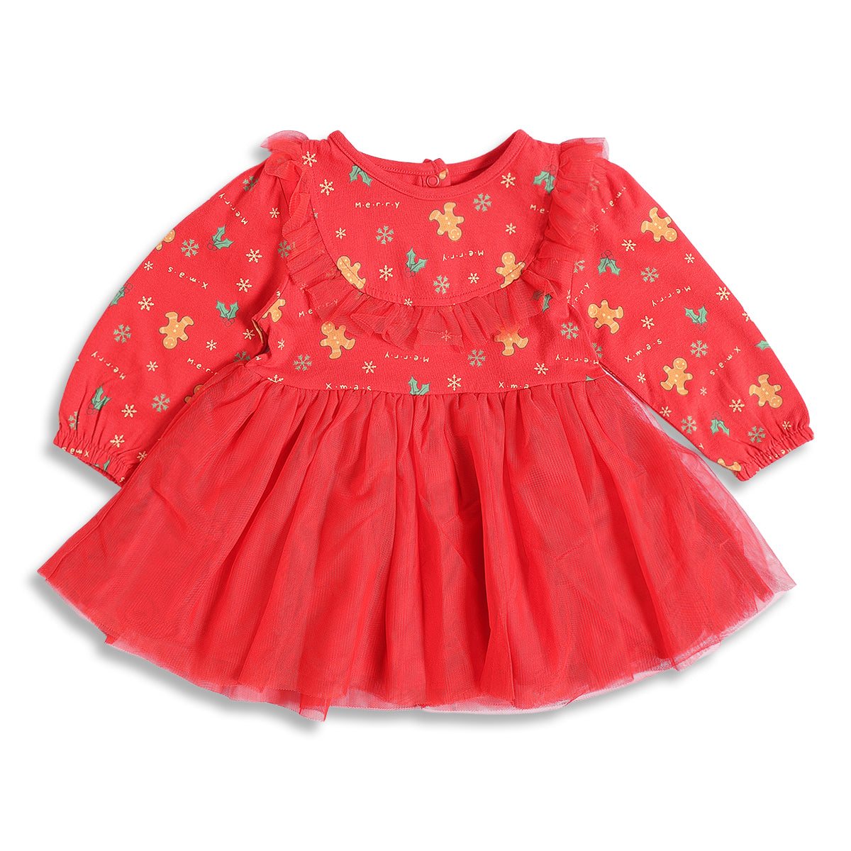 Baby Girls Red and Green Cotton Printed Full Sleeves Party Dress with Tulle Layer and Tights Set Regular Fit Winter Wear