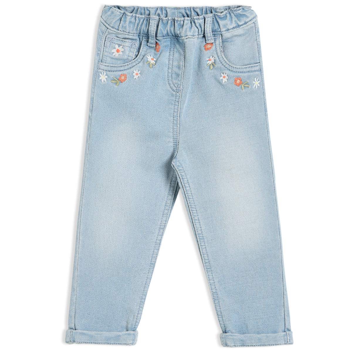 Girls Blue Adjustable Waistband Full Length Denim Pant