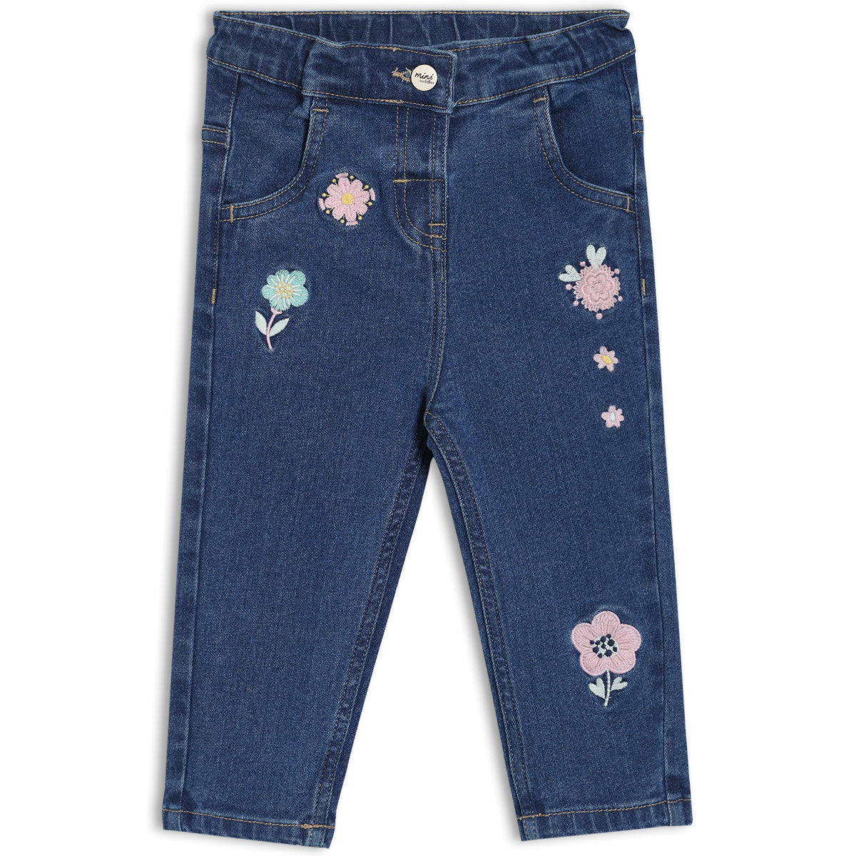 Baby Girls Floral Embroidered Denim Pants, Blue