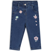 Baby Girls Floral Embroidered Denim Pants, Blue