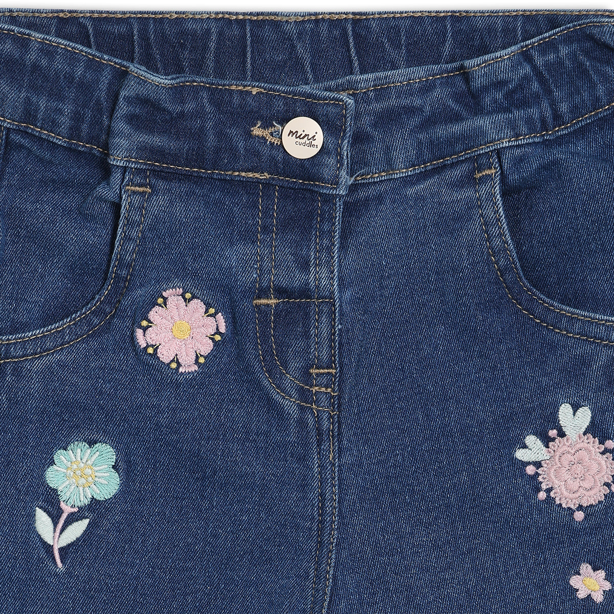 Baby Girls Floral Embroidered Denim Pants, Blue