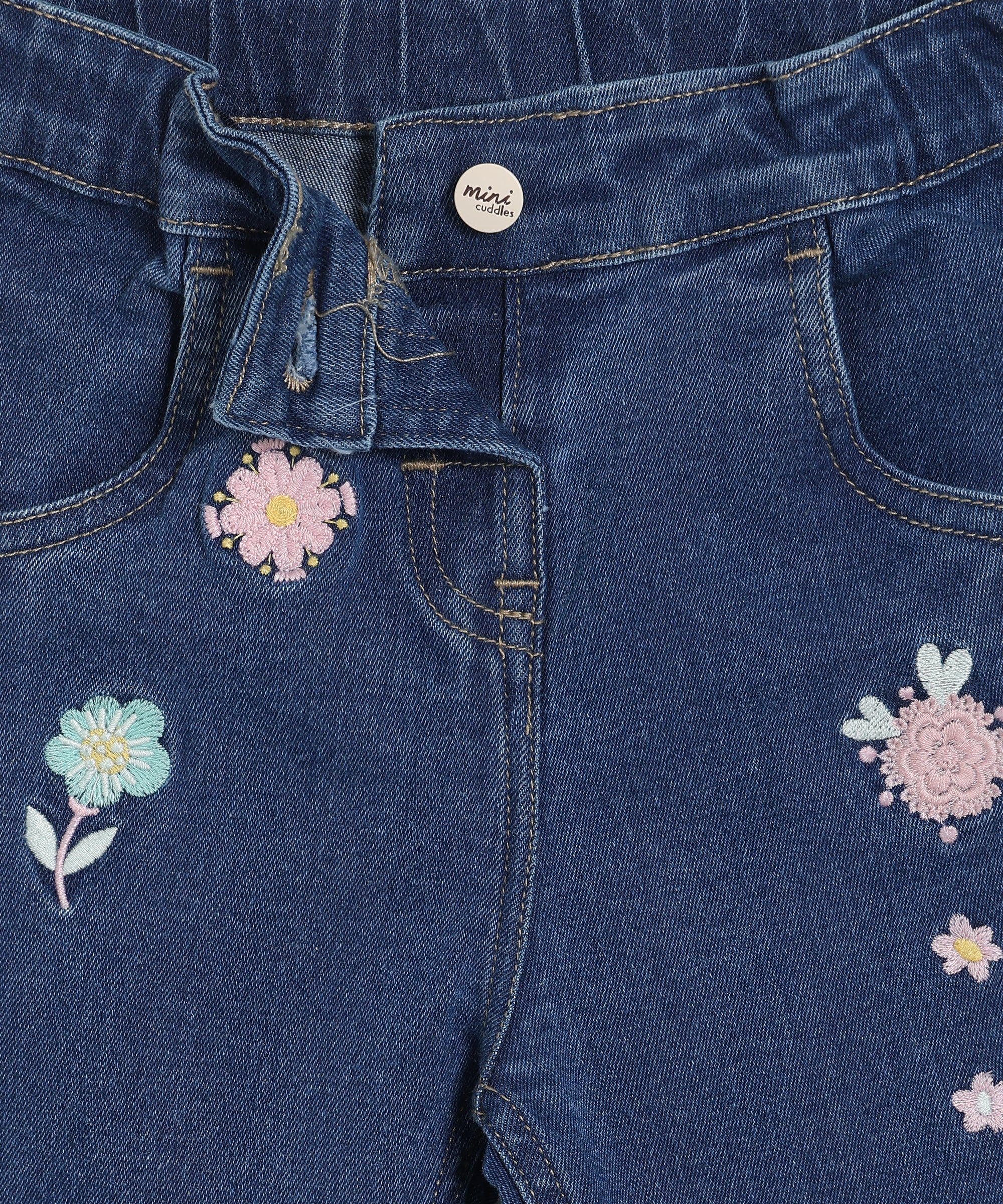 Baby Girls Floral Embroidered Denim Pants, Blue