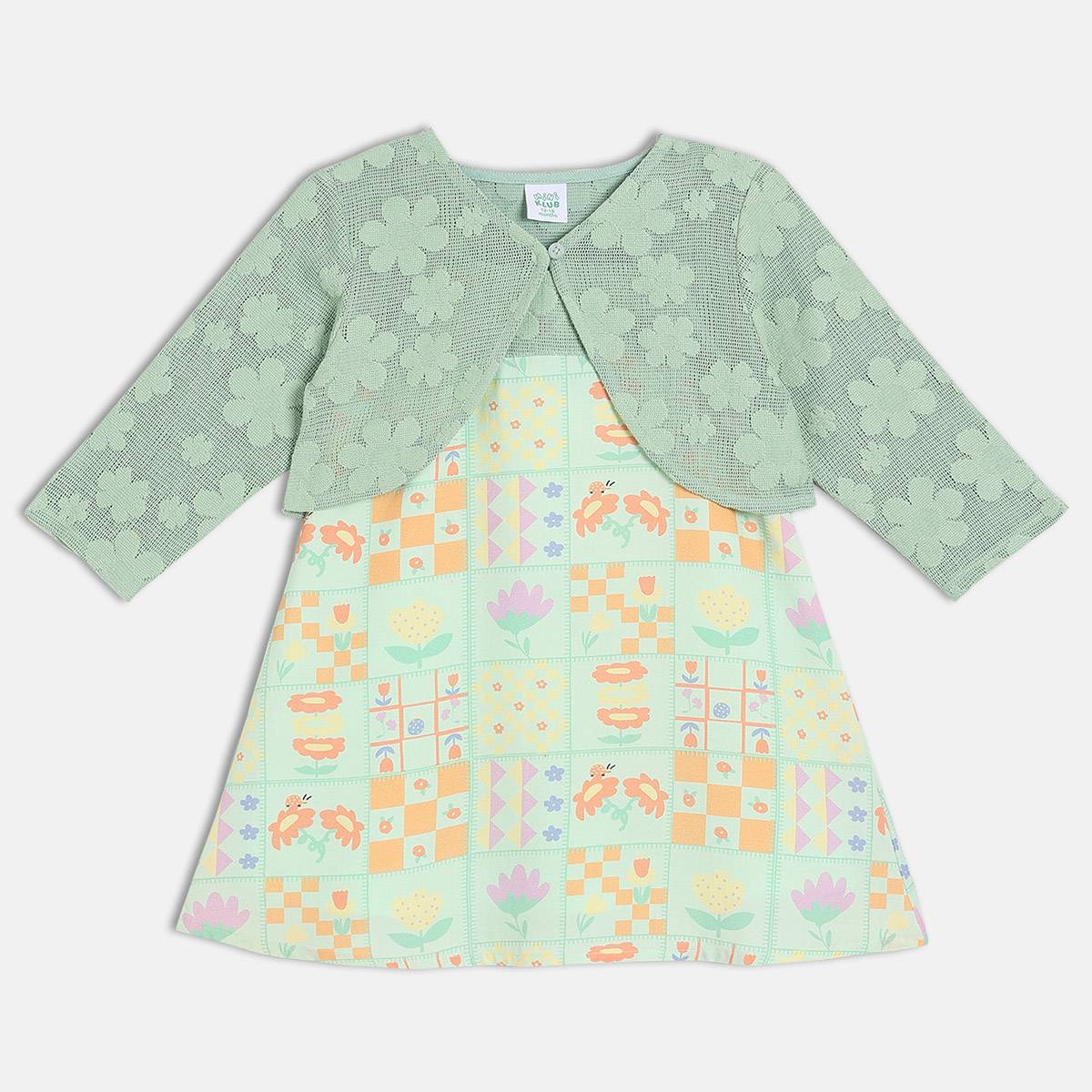 Girls Cotton Sleeveless Floral Printed Dress With Shrug - Green