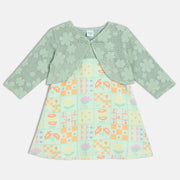Girls Cotton Sleeveless Floral Printed Dress With Shrug - Green
