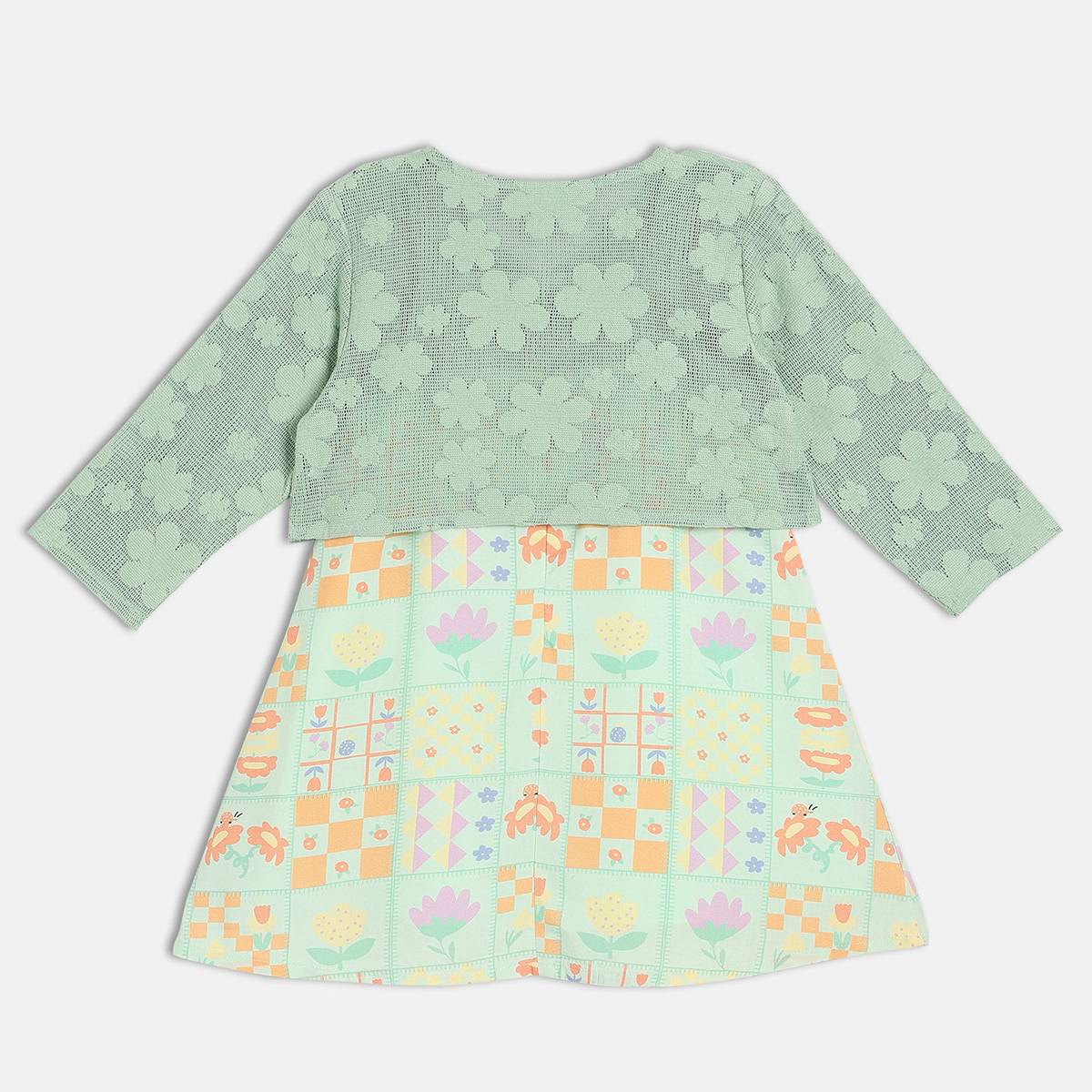 Girls Cotton Sleeveless Floral Printed Dress With Shrug - Green