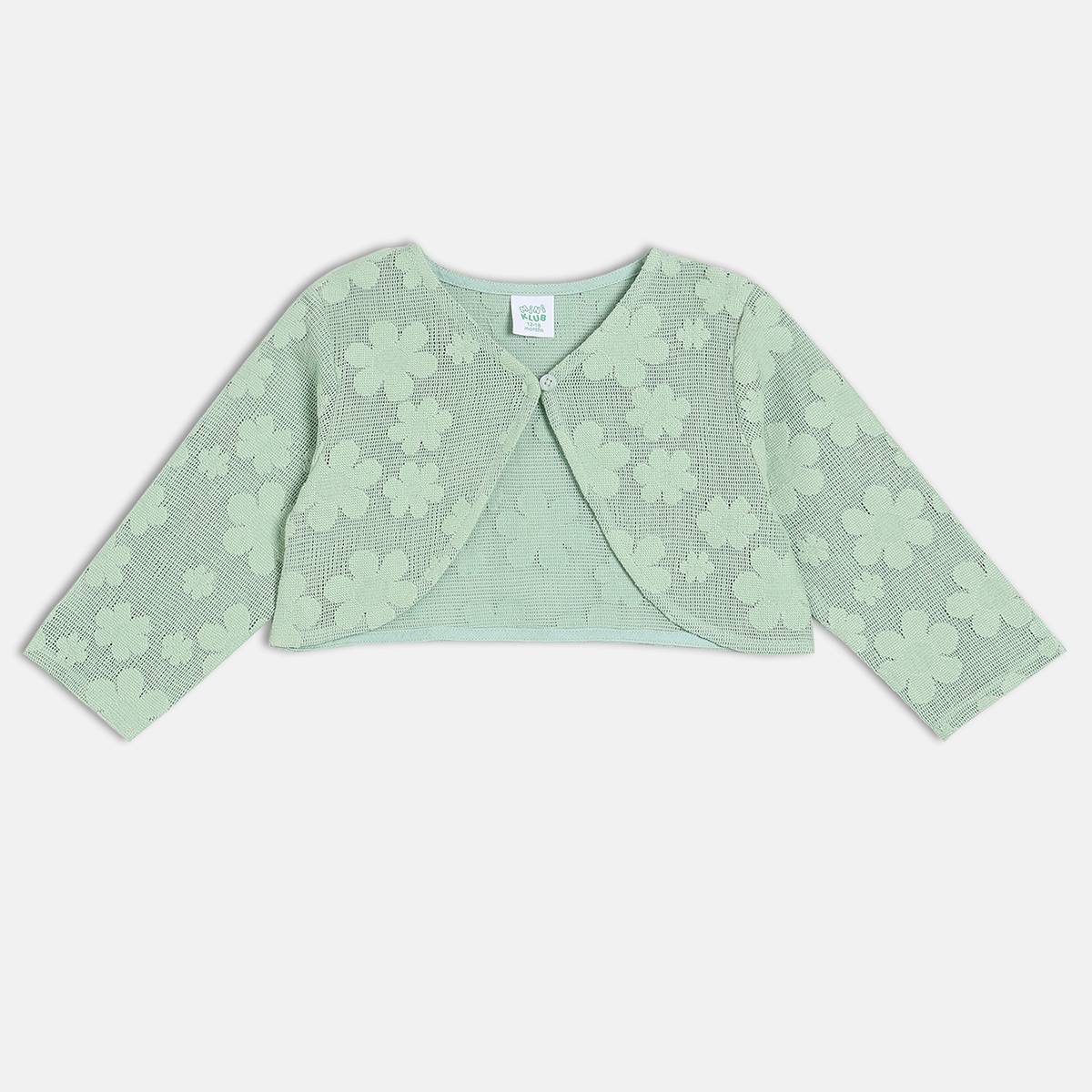 Girls Cotton Sleeveless Floral Printed Dress With Shrug - Green