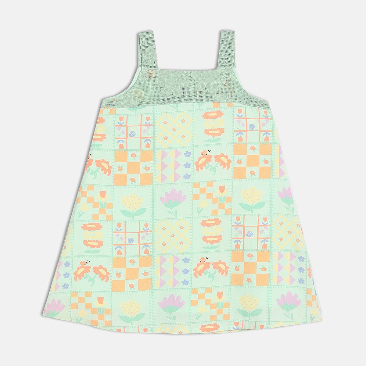 Girls Cotton Sleeveless Floral Printed Dress With Shrug - Green