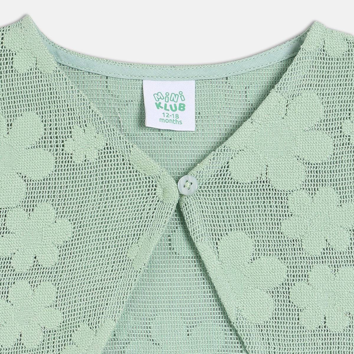 Girls Cotton Sleeveless Floral Printed Dress With Shrug - Green